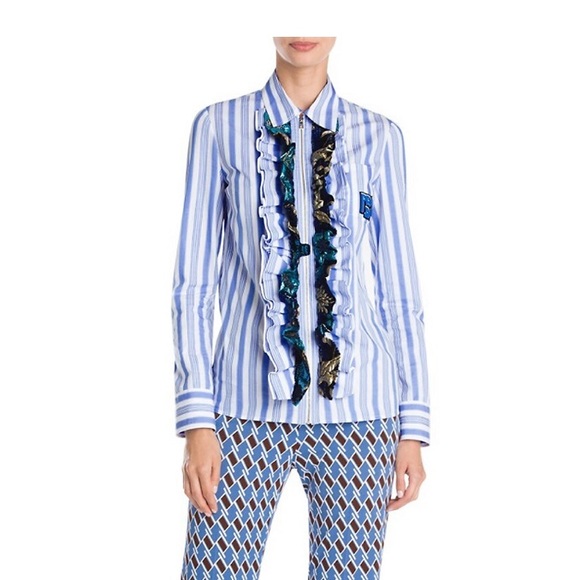 PRADA STRIPE ZIP-UP RUFFLE SHIRT - Picture 3 of 6
